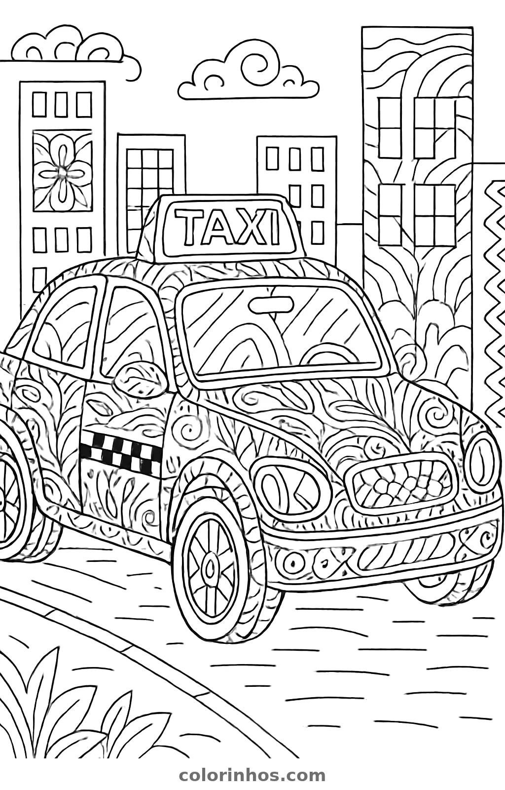Táxi com placa no teto e a lataria coberta de espirais diante de prédios, desenho para colorir
