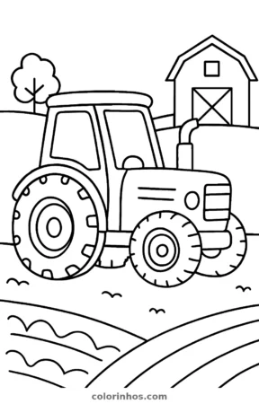 Trator na fazenda, desenho em preto e branco para colorir