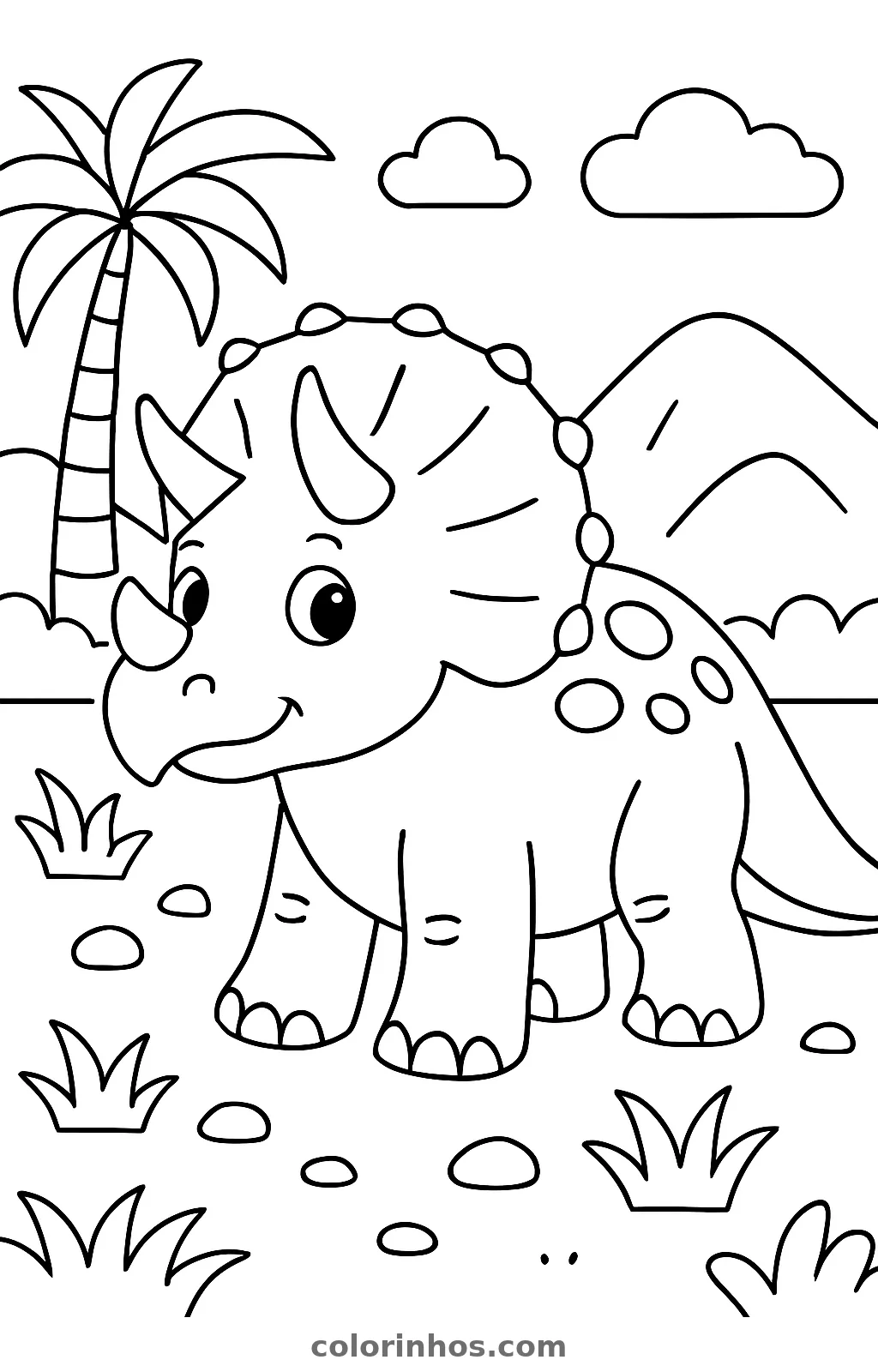 Tricerátops sorridente numa planície com palmeira e montanha, desenho para colorir