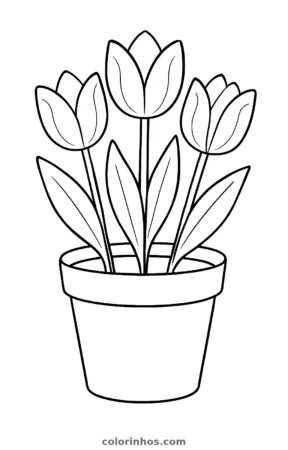 Tulipas no vaso, desenho em preto e branco para colorir