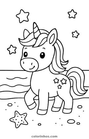 Unicórnio bebê entre estrelas, desenho em preto e branco para colorir