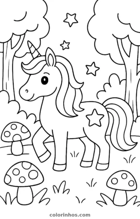 Unicórnio na floresta mágica, desenho em preto e branco para colorir
