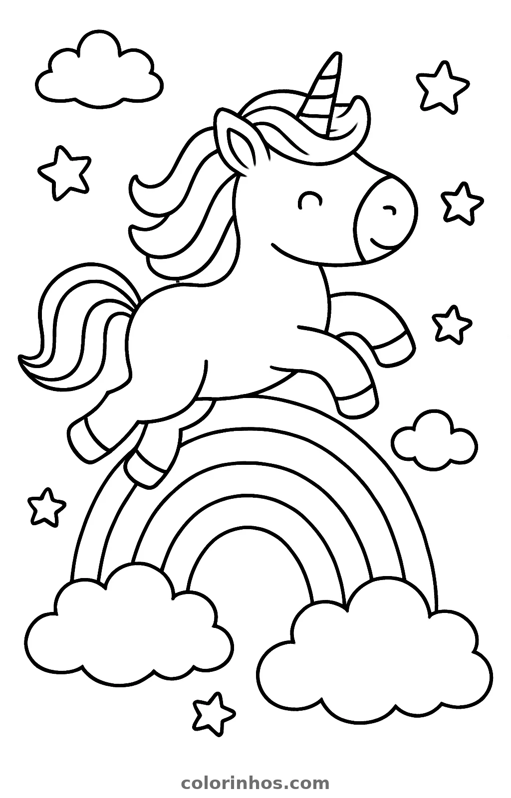 Unicórnio sorridente saltando por cima de um arco-íris entre nuvens e estrelas, desenho para colorir