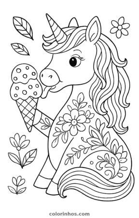 Unicórnio tomando sorvete, desenho em preto e branco para colorir