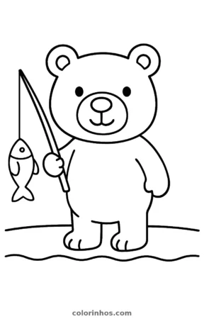 Urso pescando, desenho em preto e branco para colorir