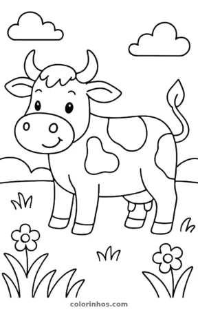 Vaca no pasto, desenho em preto e branco para colorir