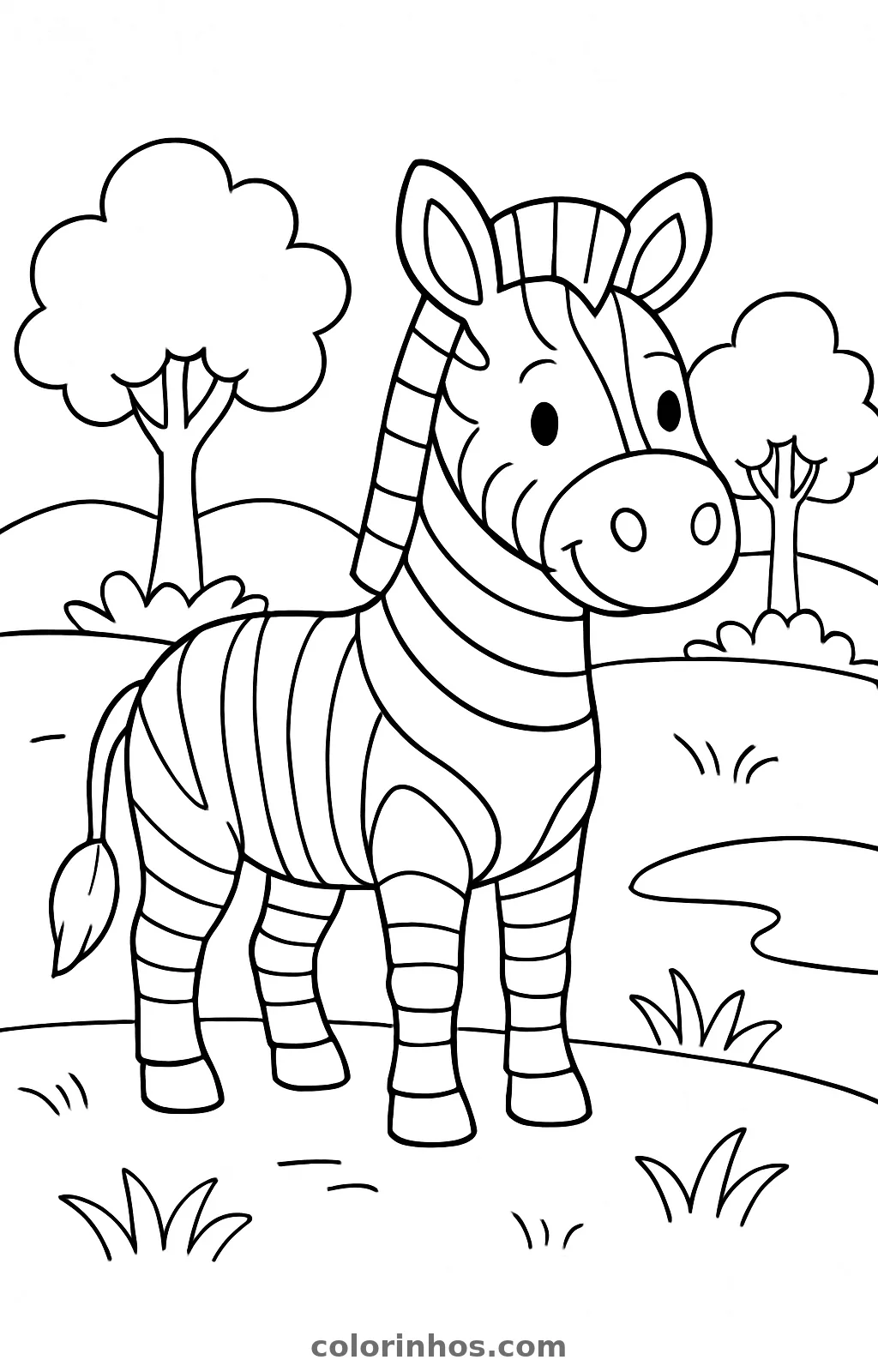 Zebra sorridente num campo com duas árvores, morros e um riacho, desenho para colorir