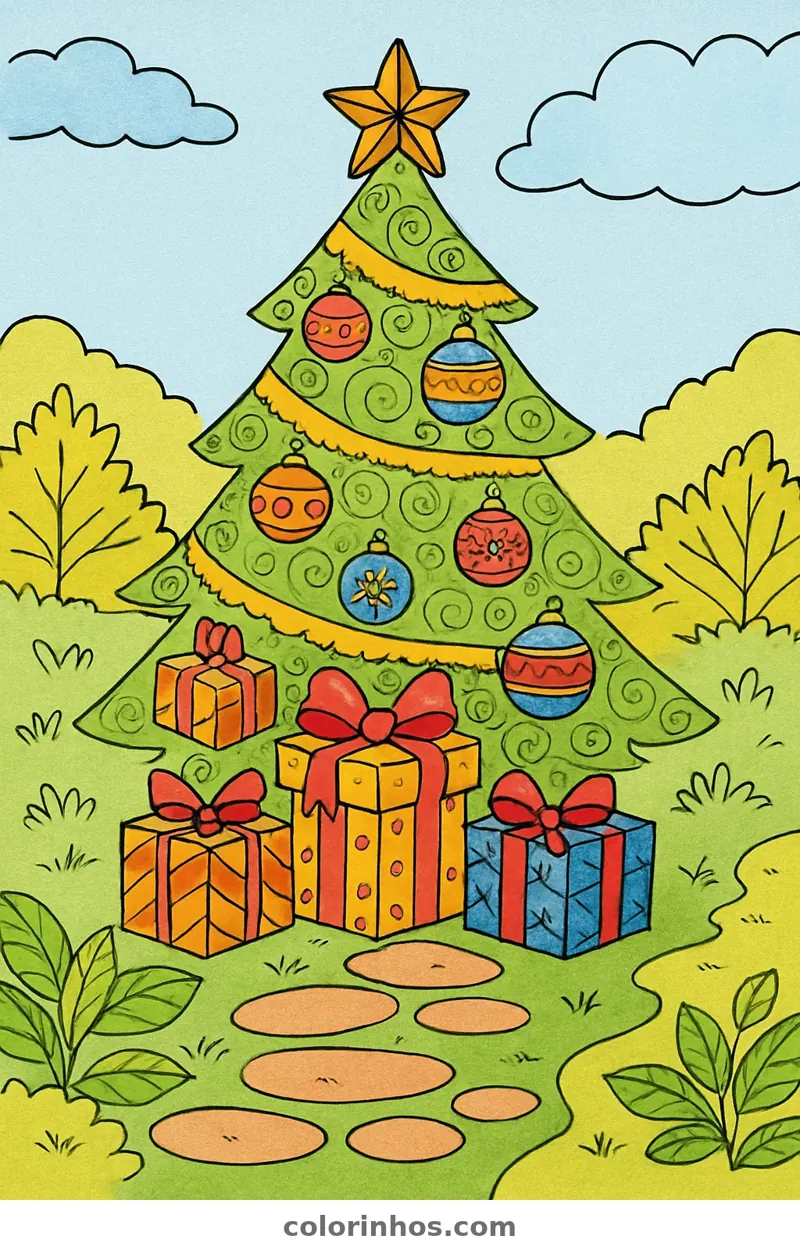 Exemplo colorido: Árvore de Natal com presentes