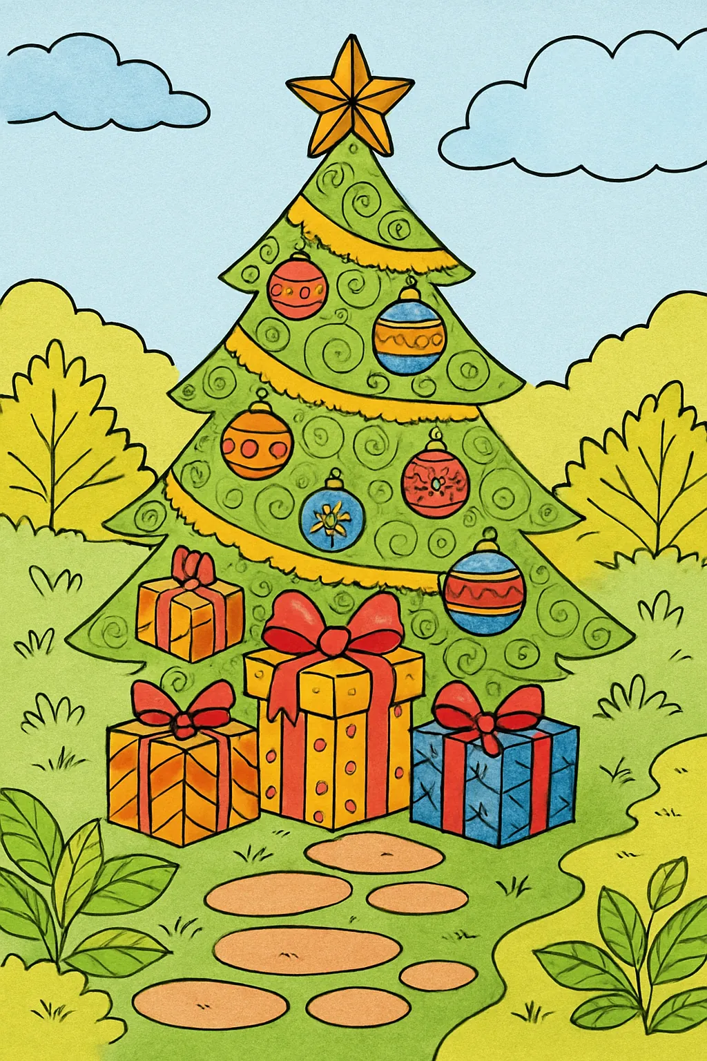 Exemplo colorido: Árvore de Natal com presentes