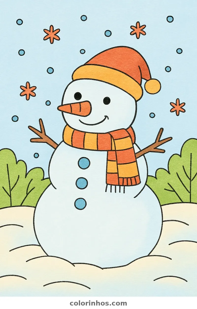 Exemplo colorido: Boneco de neve de gorro e cachecol