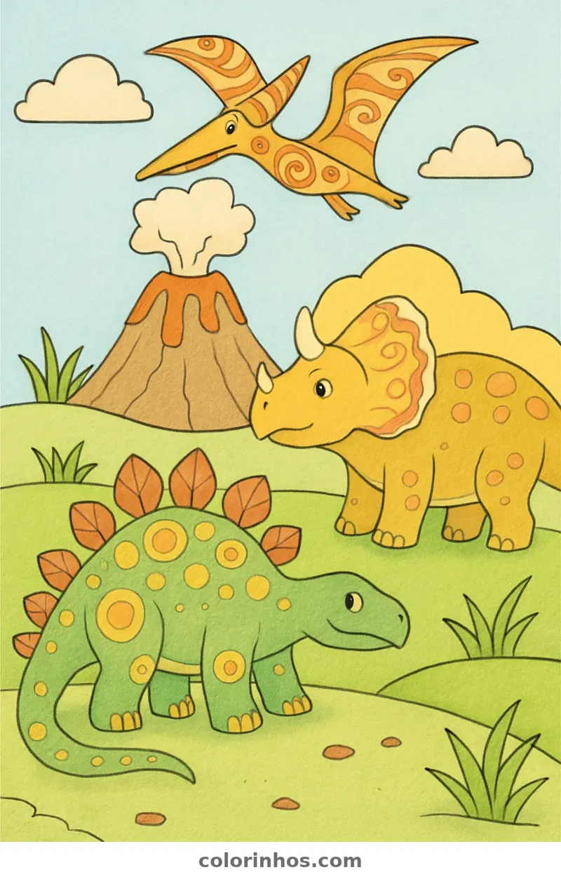 Exemplo colorido: Dinossauros perto do vulcão