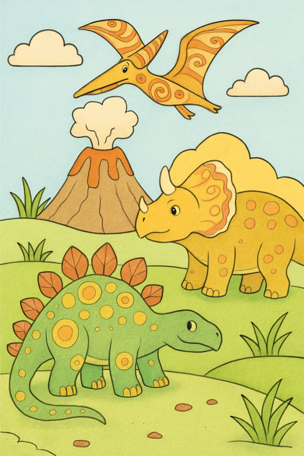 Exemplo colorido: Dinossauros perto do vulcão
