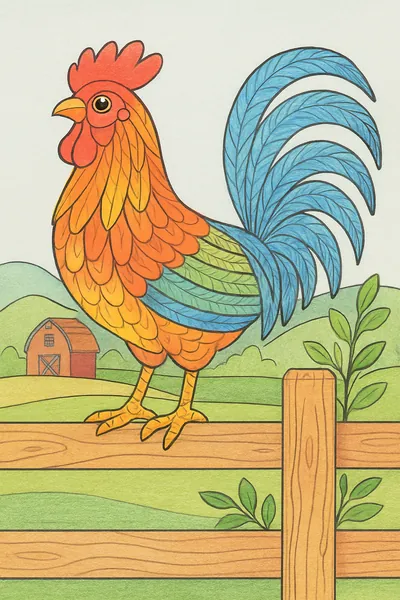 Exemplo colorido: Galo na cerca