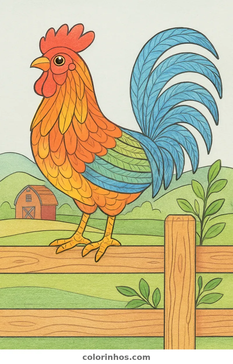 Exemplo colorido: Galo na cerca