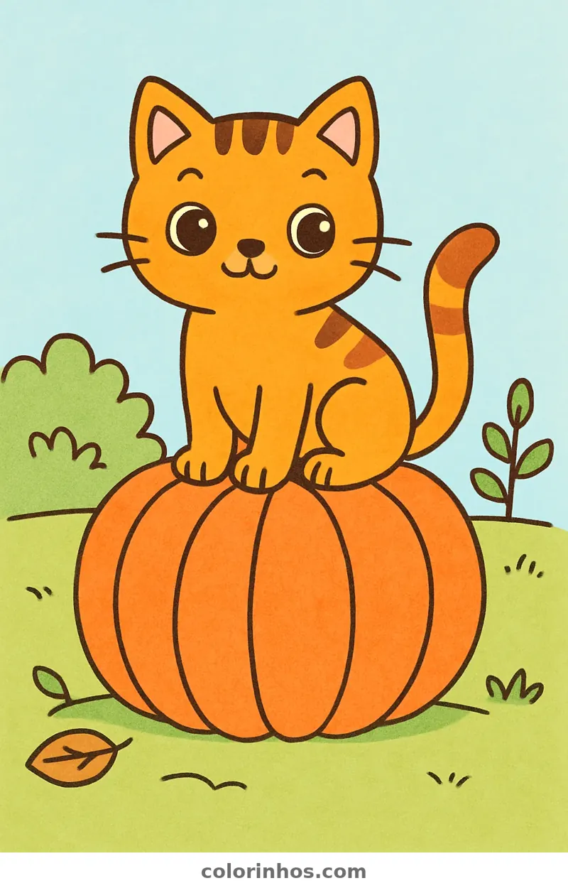 Exemplo colorido: Gato em cima de uma abóbora