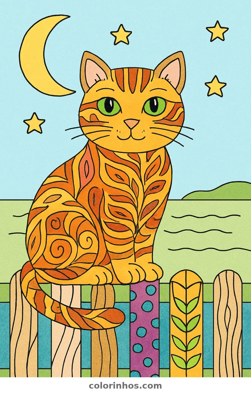 Exemplo colorido: Gato na cerca à noite