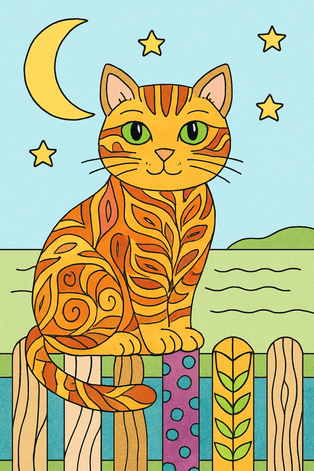 Exemplo colorido: Gato na cerca à noite