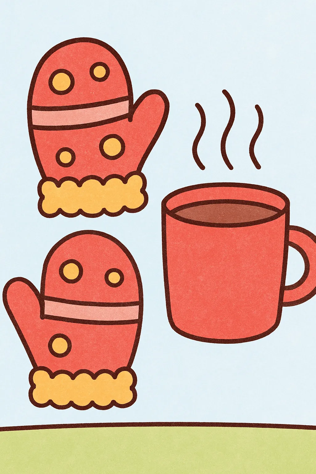 Exemplo colorido: Luvas e caneca de chocolate quente
