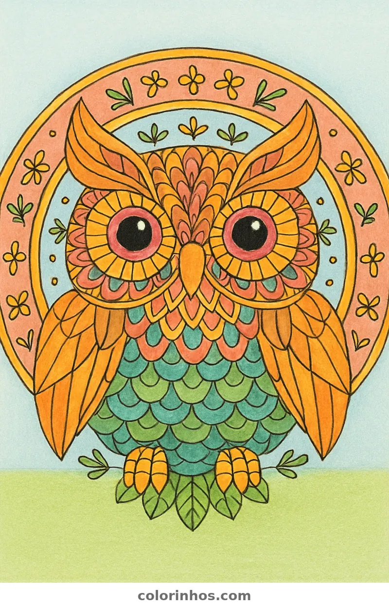 Exemplo colorido: Mandala de coruja
