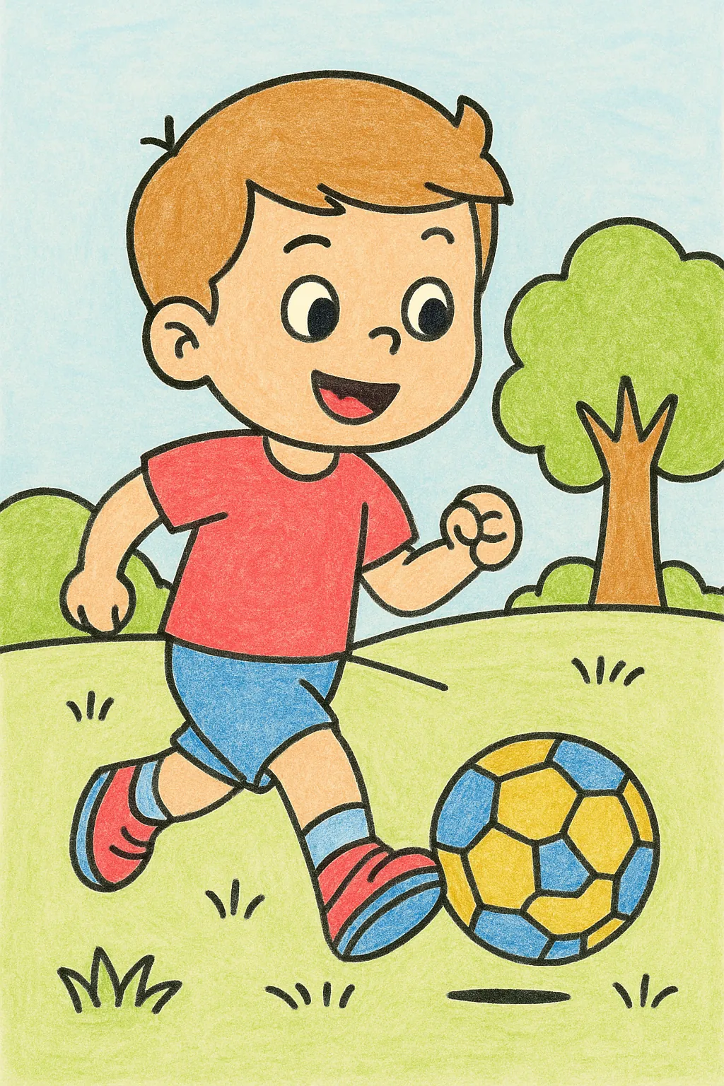 Exemplo colorido: Menino chutando a bola