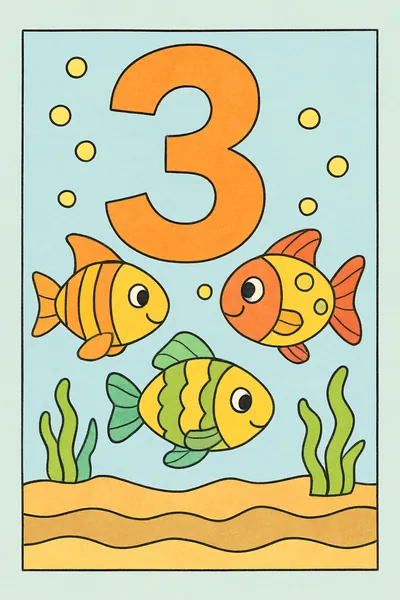 Exemplo colorido: Número 3 com três peixes