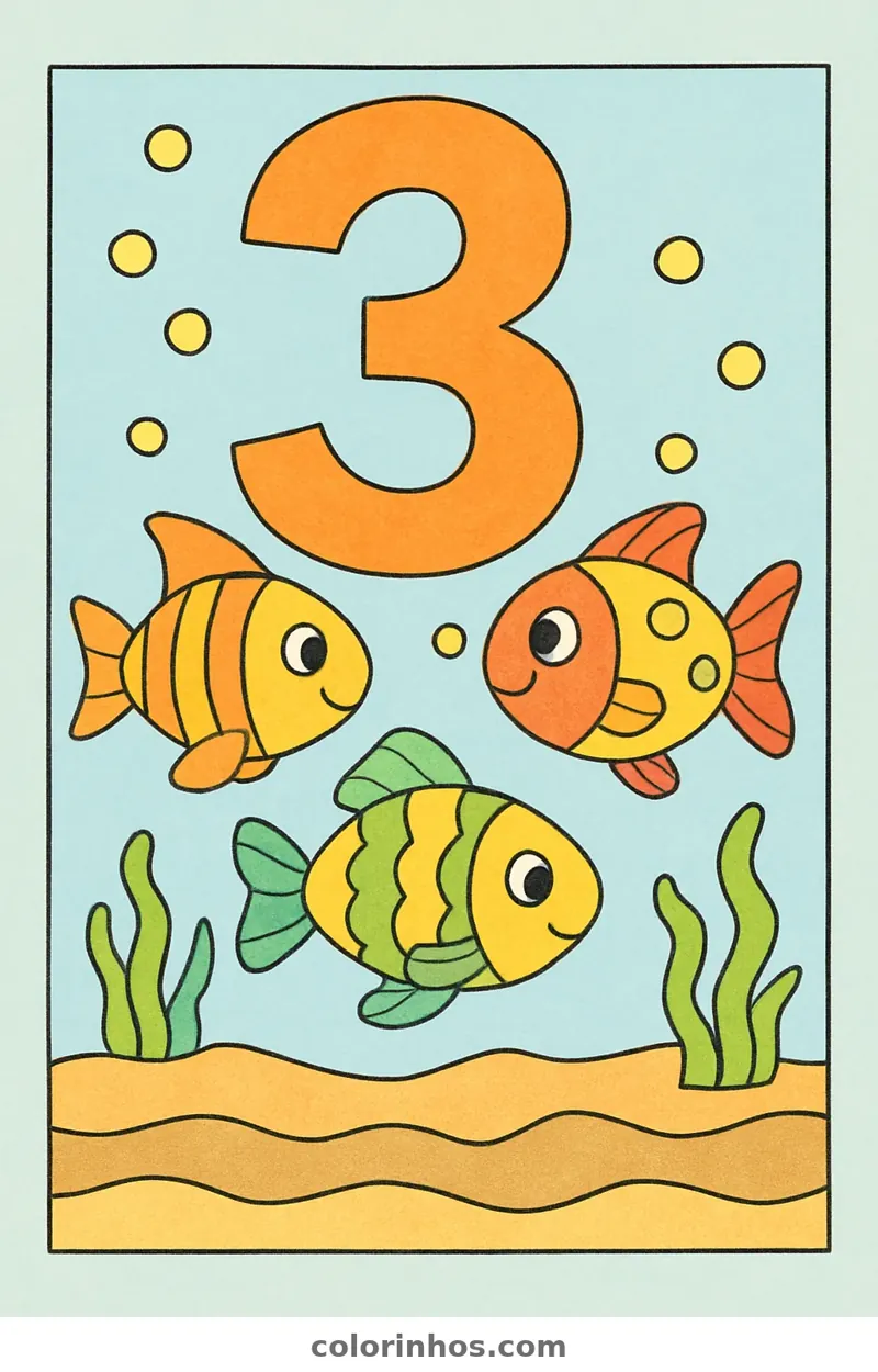 Exemplo colorido: Número 3 com três peixes