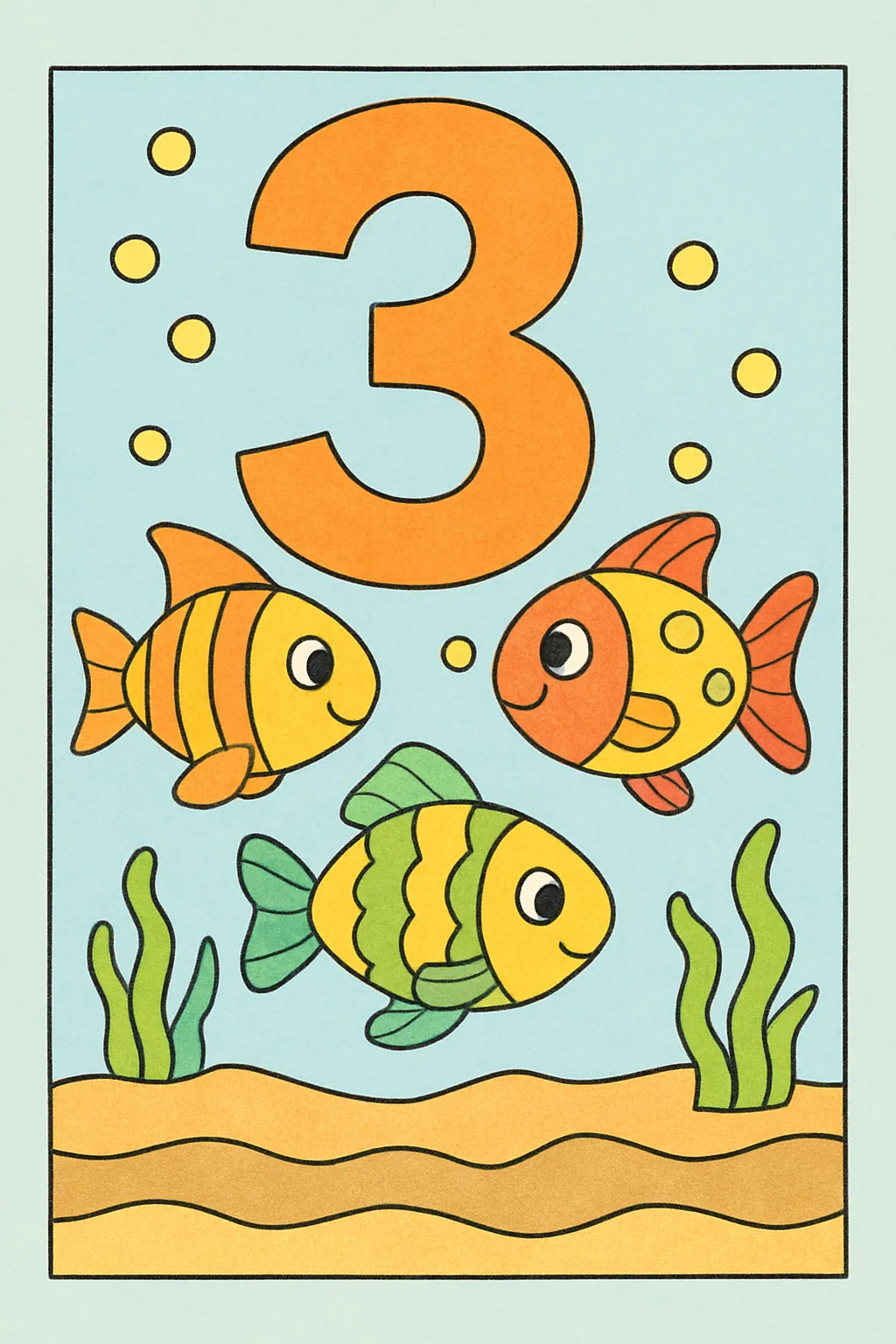 Exemplo colorido: Número 3 com três peixes