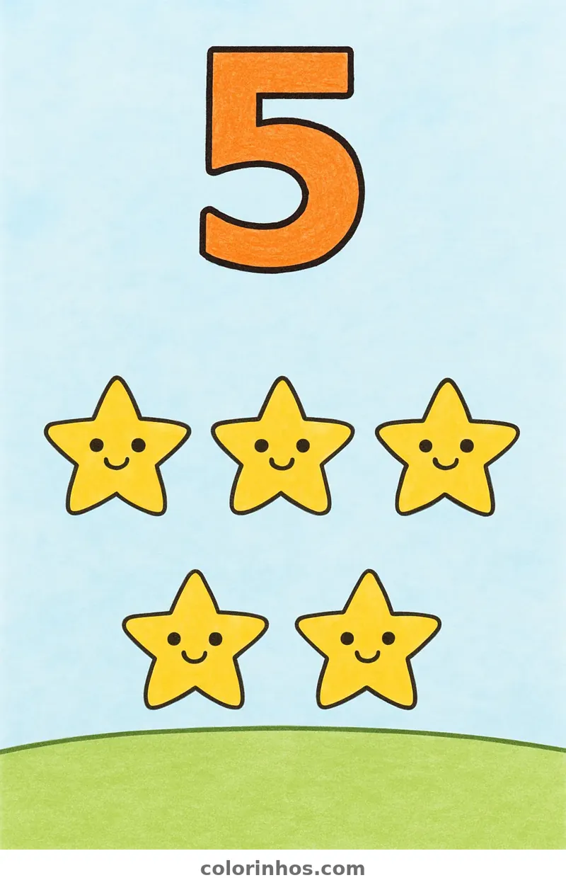 Exemplo colorido: Número 5 com cinco estrelas