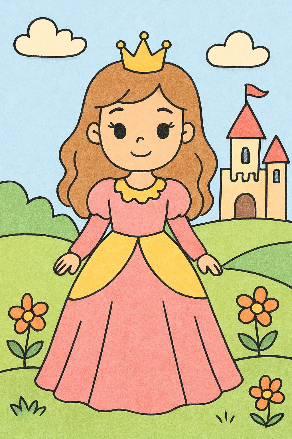 Exemplo colorido: Princesa de vestido longo e coroa