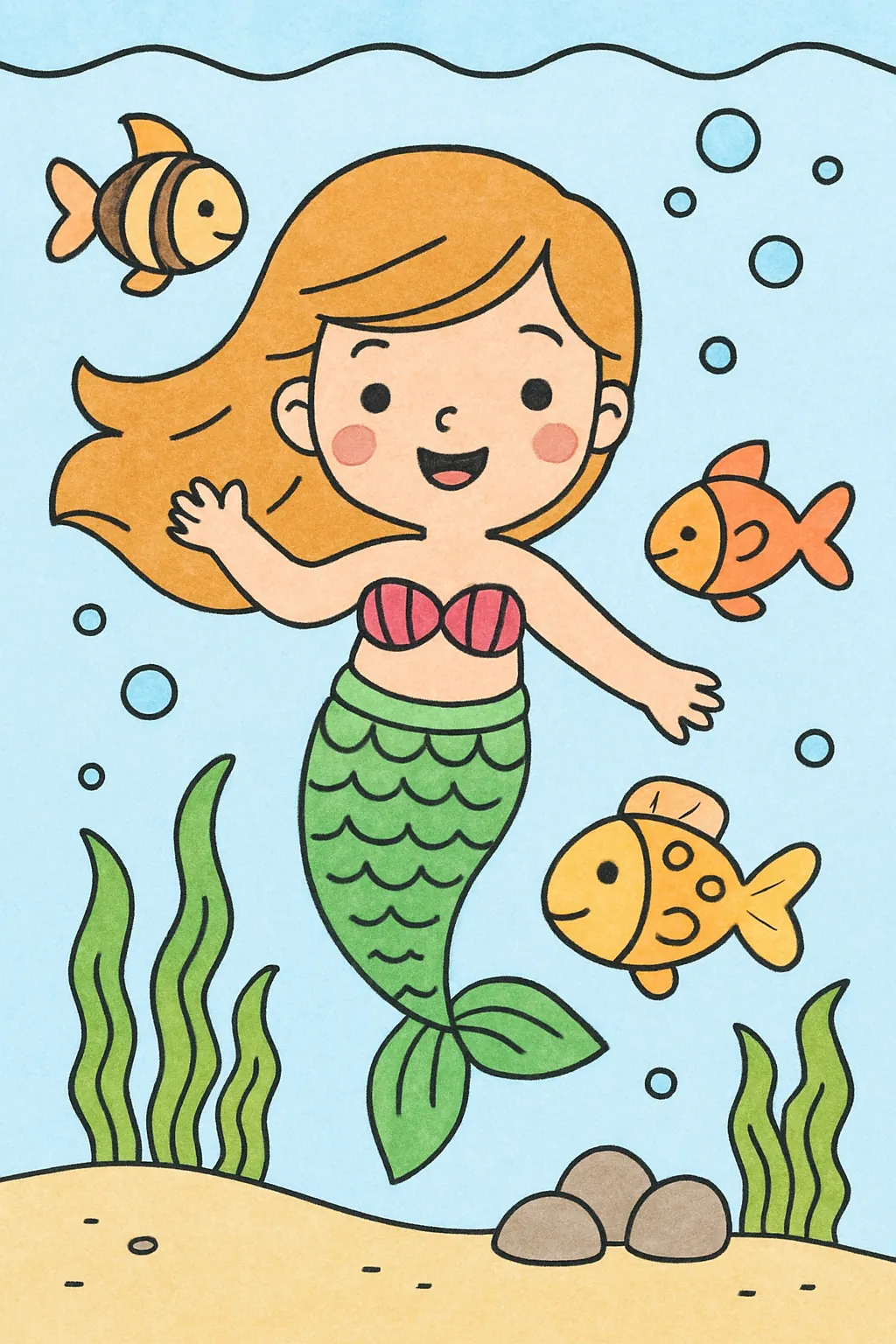 Exemplo colorido: Sereia com peixes