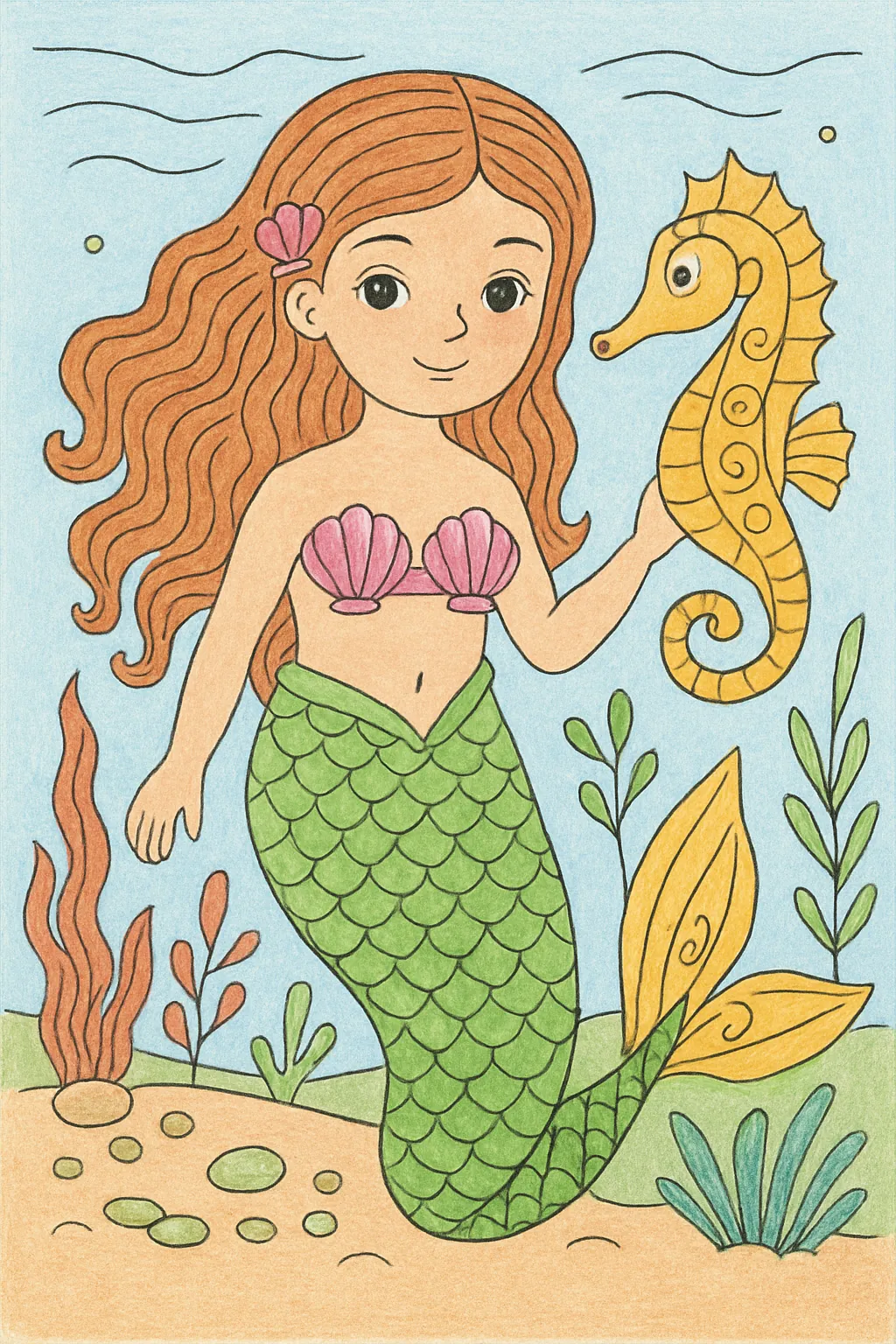Exemplo colorido: Sereia com um cavalo-marinho