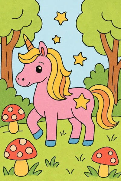 Exemplo colorido: Unicórnio na floresta mágica