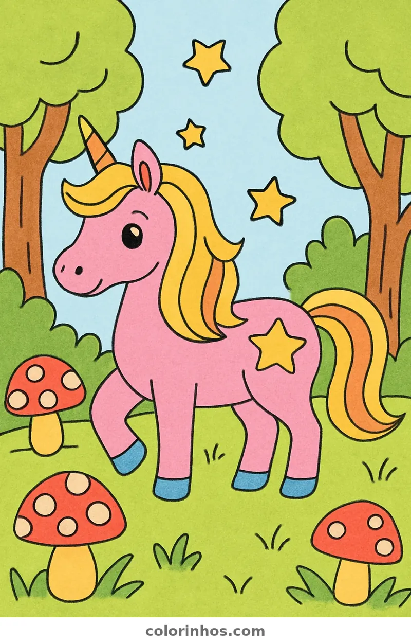 Exemplo colorido: Unicórnio na floresta mágica